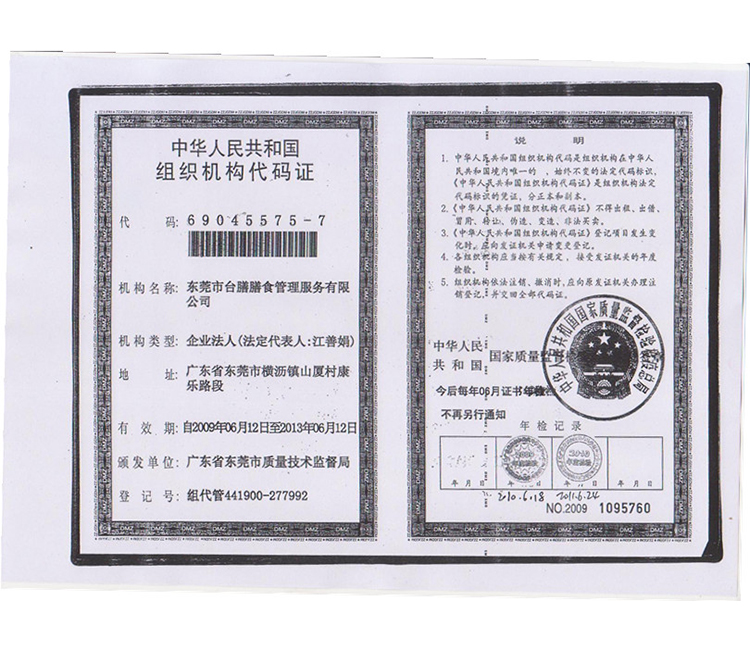 Taishan meal organization code certificate